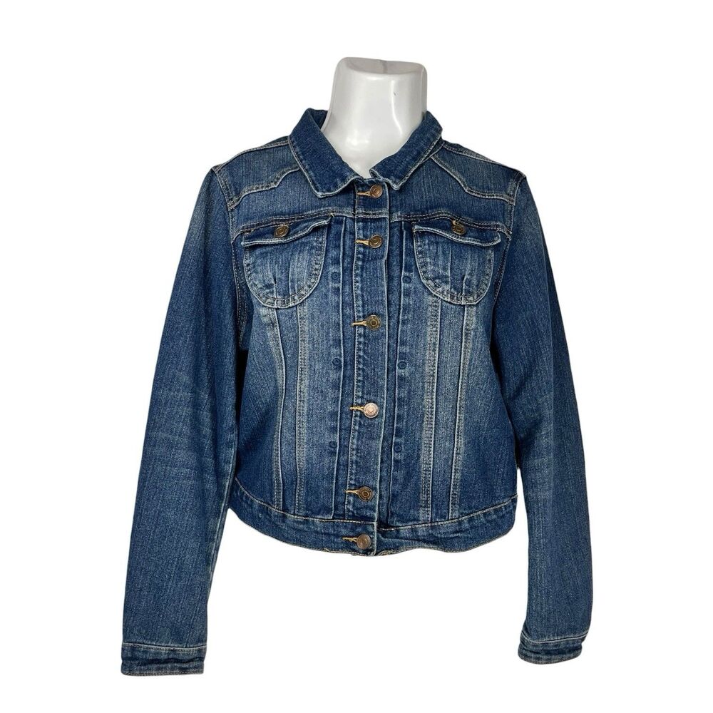Chi Ole Jean Jacket Women Large Dark Wash Button Up Crop Classic Denim Layering